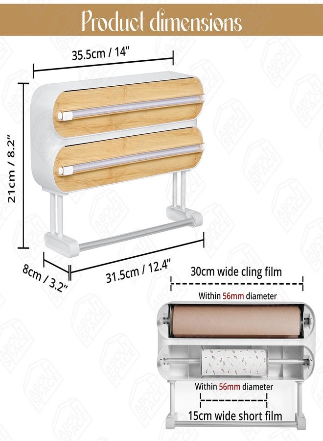 ABOUT SPACE موزع غلاف مغناطيسي مع قاطع من ABOUT SPACE - حامل غلاف مثبت على الحائط 4 في 1 مع قاطع وحامل تخزين لفافة مناديل مطبخ، موزع غلاف بلاستيكي/لاصق - خيزران (طول 35.5 × عرض 8 × ارتفاع 21 سم) - Image 2